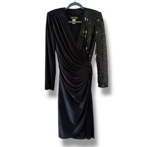 Vintage 80s Capricorn Black Sequin Ruched Long Sleeve Dress Womens Size 6 Formal